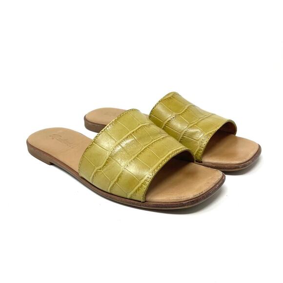 Madewell The Lianne Slide in Croc Embossed Leather - Yellow Green Tan - Size 5.5 - Picture 2 of 7